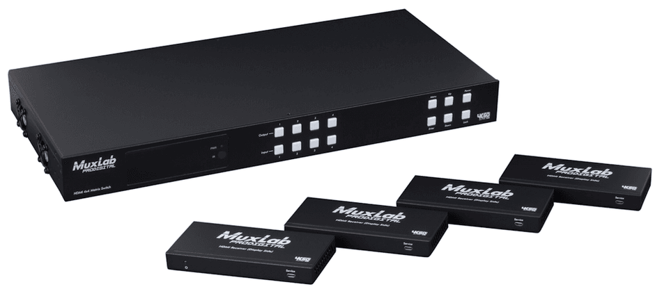 MuxLab 500412-V2 - Kit Matriz HDMI 4x4 HDBaseT, PoC, 4K/60 con Receptores Incluidos