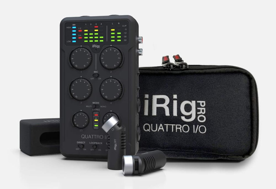 IK Multimedia iRig Pro Quattro Deluxe (IPIRIGQTRDLX-IN) - Interfaz/mixer 4×2 con micrófonos XY, funda y fuente de alimentación