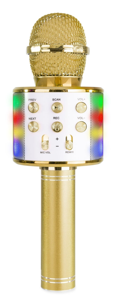 Max KM15G - Micrófono de Karaoke con altavoz BT / MP3 incorporado e iluminación LED, dorado - Tempo Shop