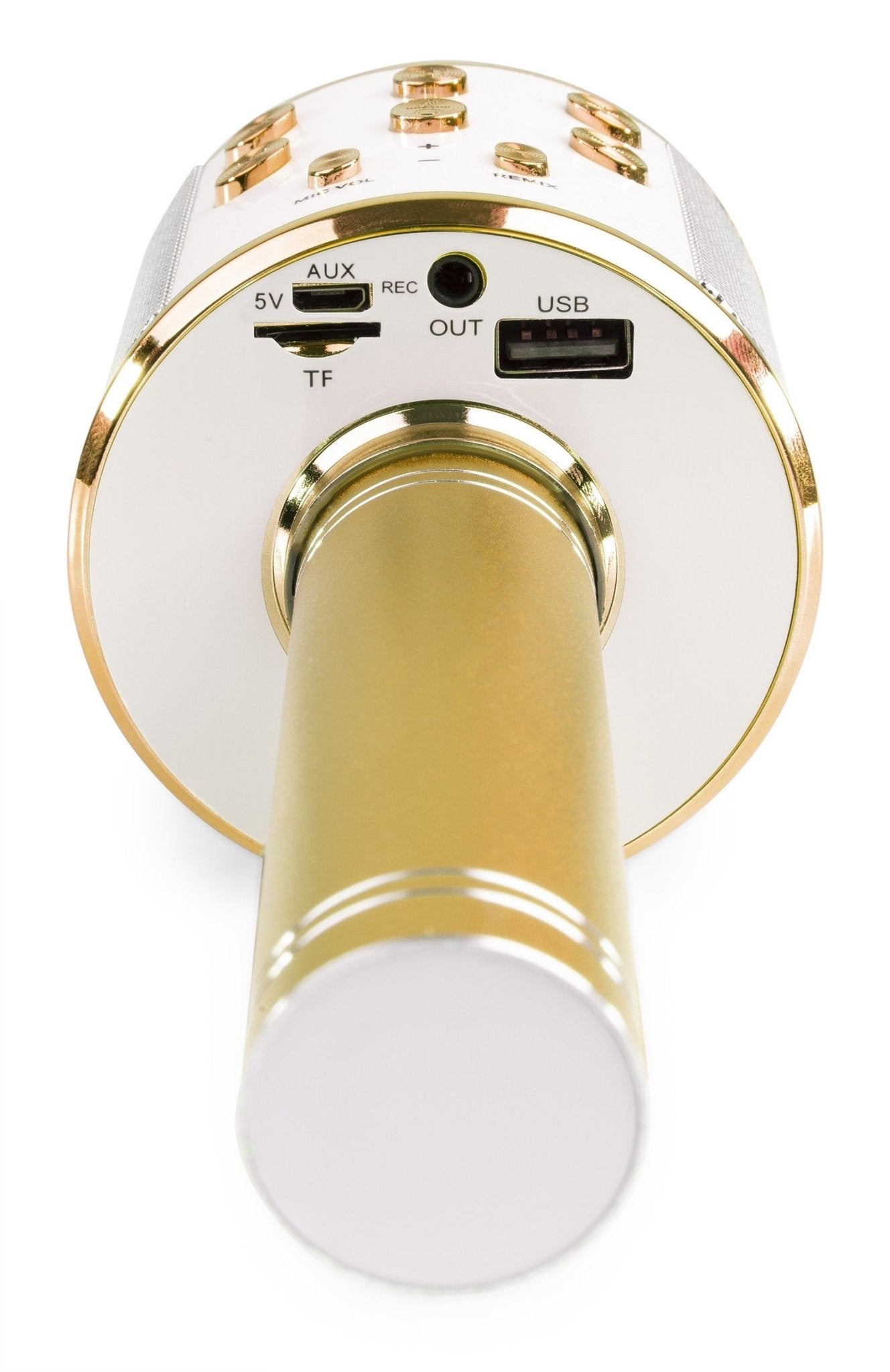 Max KM15G - Micrófono de Karaoke con altavoz BT / MP3 incorporado e iluminación LED, dorado - Tempo Shop