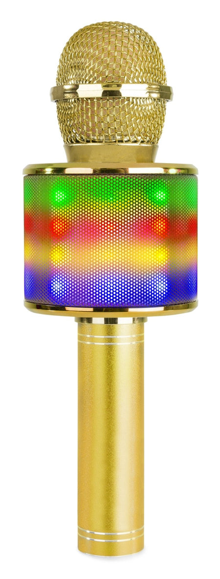 Max KM15G - Micrófono de Karaoke con altavoz BT / MP3 incorporado e iluminación LED, dorado - Tempo Shop