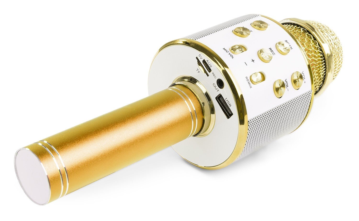 Max KM15G - Micrófono de Karaoke con altavoz BT / MP3 incorporado e iluminación LED, dorado - Tempo Shop
