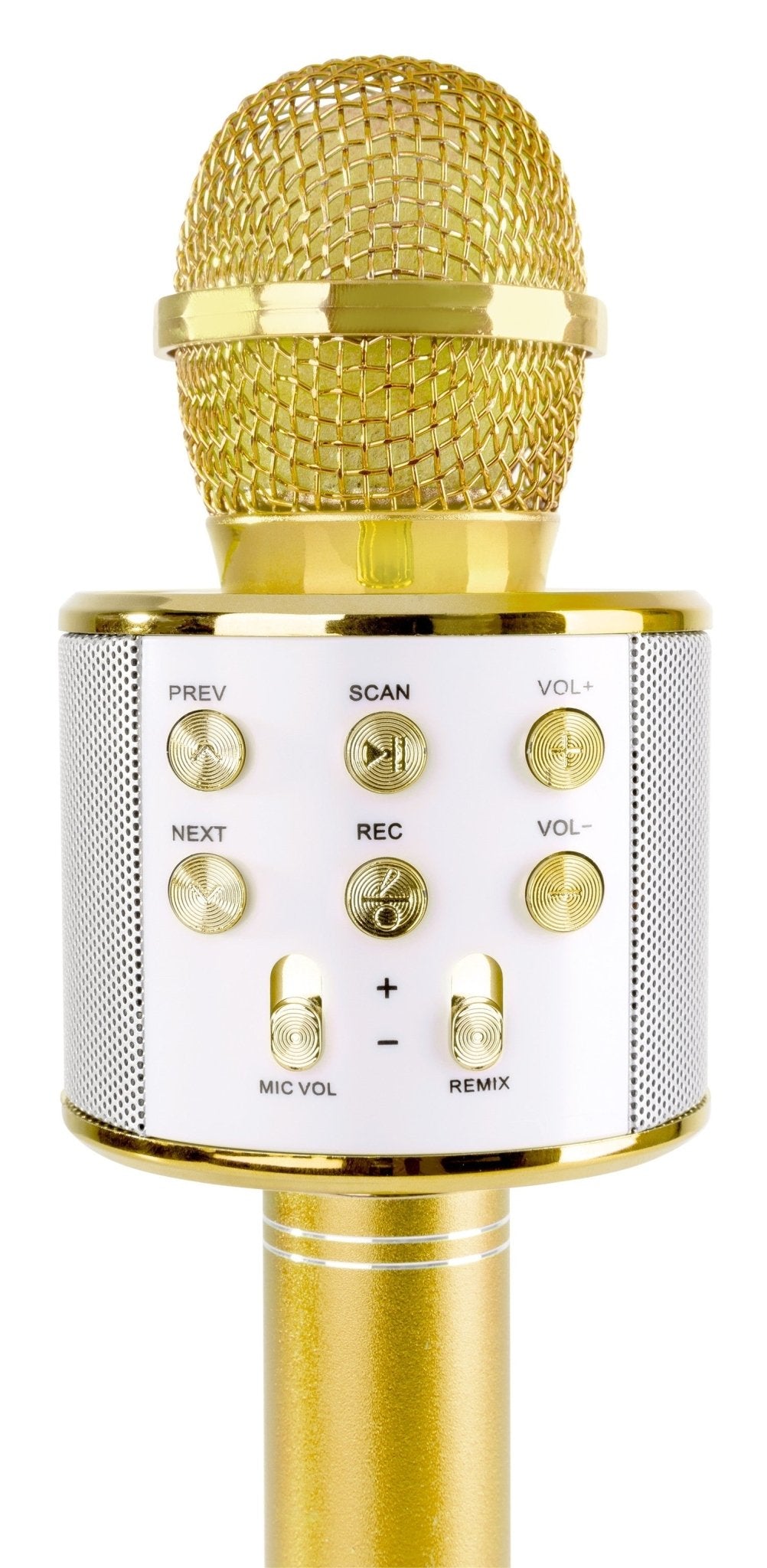 Max KM15G - Micrófono de Karaoke con altavoz BT / MP3 incorporado e iluminación LED, dorado - Tempo Shop