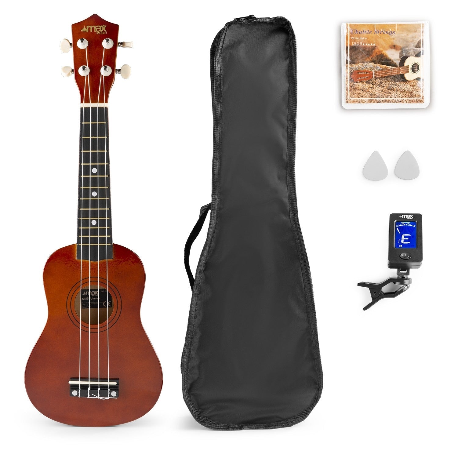Max UKEY - Set Ukulele Soprano 21" Natural Oscuro - Tempo Shop