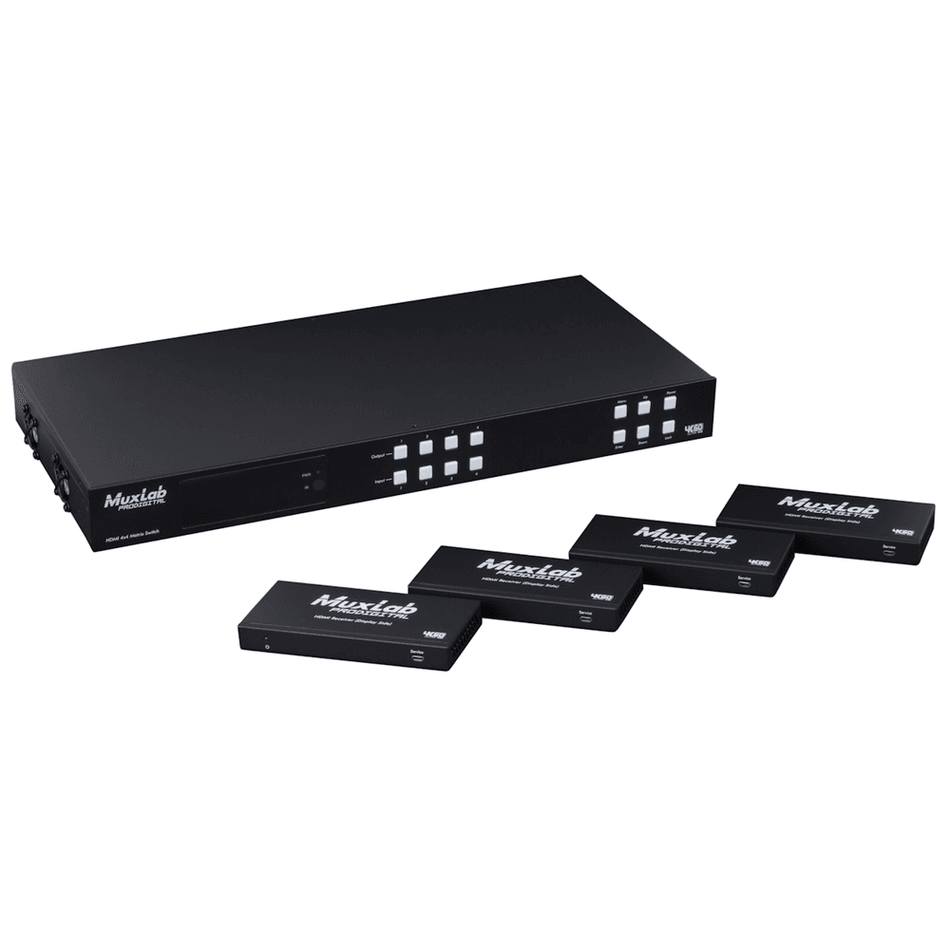 MuxLab 500412-V2 - Kit Matriz HDMI 4x4 HDBaseT, PoC, 4K/60 con Receptores Incluidos - Tempo Shop