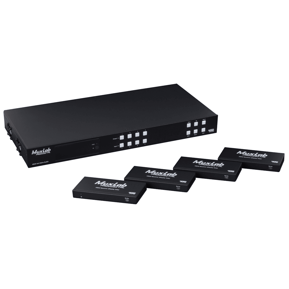 MuxLab 500412-V2 - Kit Matriz HDMI 4x4 HDBaseT, PoC, 4K/60 con Receptores Incluidos - Tempo Shop