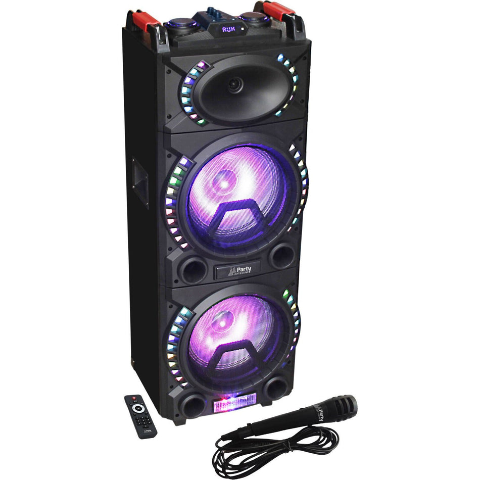 Party Light & Sound PARTY-STUP210-UK – Caja Activa Columna 2×10″ (25 cm) con Efectos LED, REC, USB/SD, BT y FM + Micrófono -