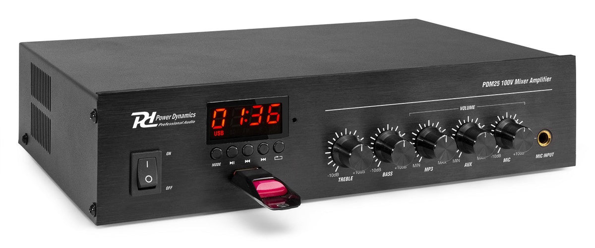 Power Dynamics PDM25 - Mezclador – Amplificador 100V con BT y reproductor media 25W - Tempo Shop