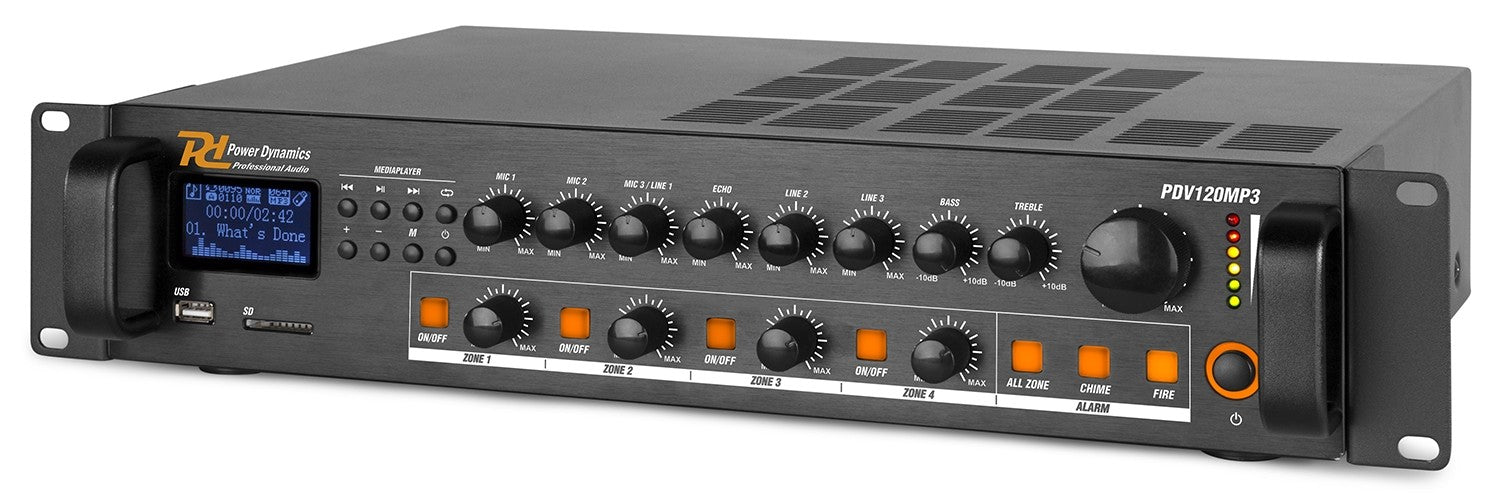 Power Dynamics PDV120MP3 - PA Mixer Amplifier 120W/100V 4 zones - Tempo Shop