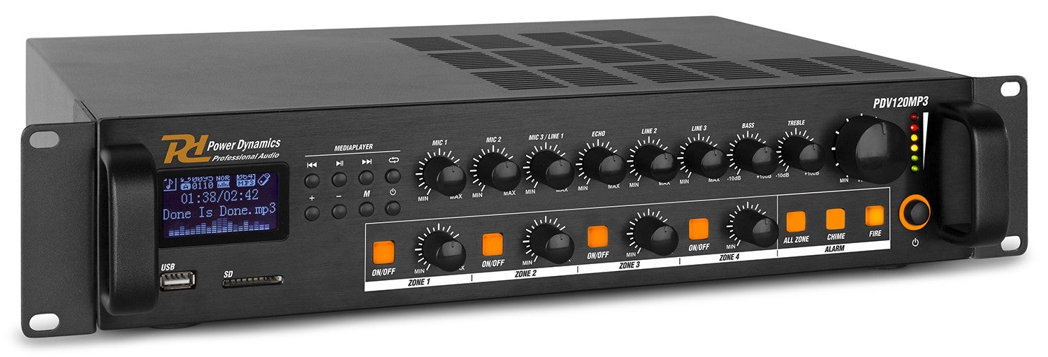 Power Dynamics PDV120MP3 - PA Mixer Amplifier 120W/100V 4 zones - Tempo Shop