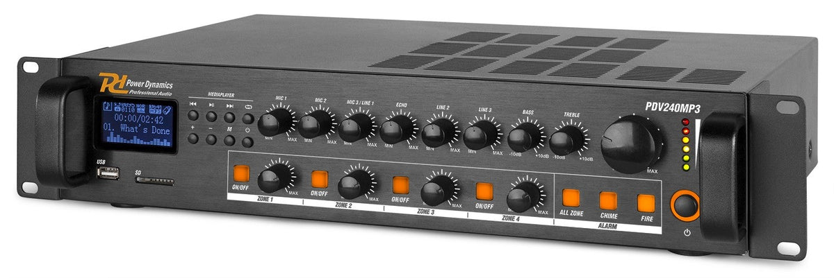 Power Dynamics PDV240MP3 - PA Mixer Amplifier 240W/100V 4 zones - Tempo Shop