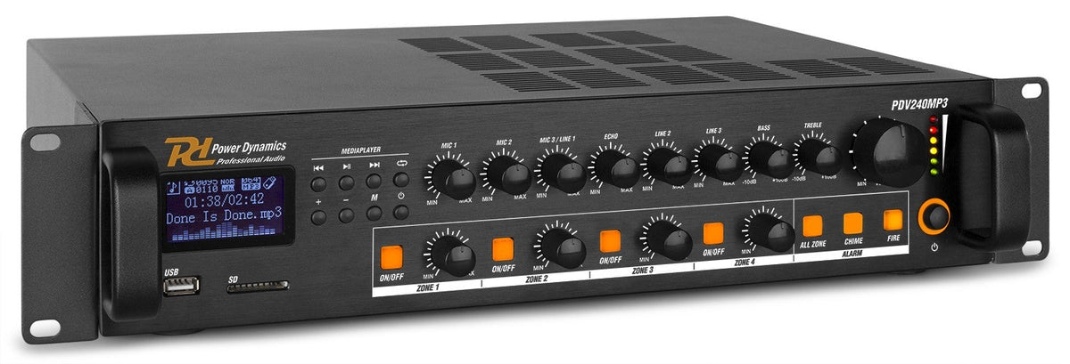 Power Dynamics PDV240MP3 - PA Mixer Amplifier 240W/100V 4 zones - Tempo Shop