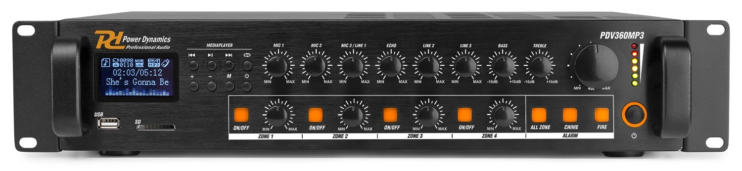 Power Dynamics PDV360MP3 - PA Mixer Amplifier 360W/100V 4 zones - Tempo Shop