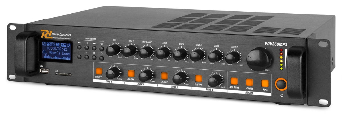 Power Dynamics PDV360MP3 - PA Mixer Amplifier 360W/100V 4 zones - Tempo Shop