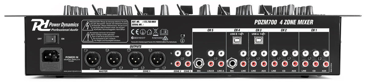 Power Dynamics PDZM700 - Mezclador instalación de 6 canales USB 4 zonas - Tempo Shop