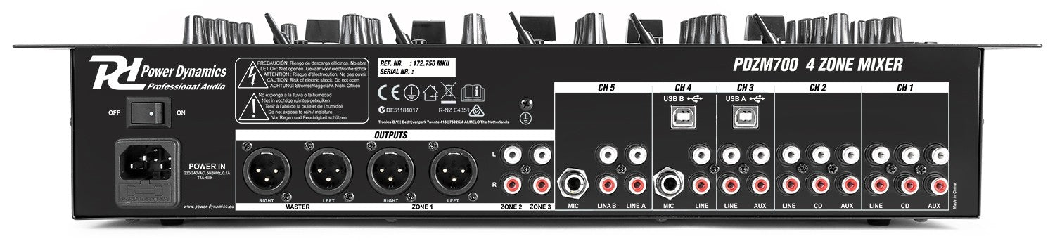 Power Dynamics PDZM700 - Mezclador instalación de 6 canales USB 4 zonas - Tempo Shop