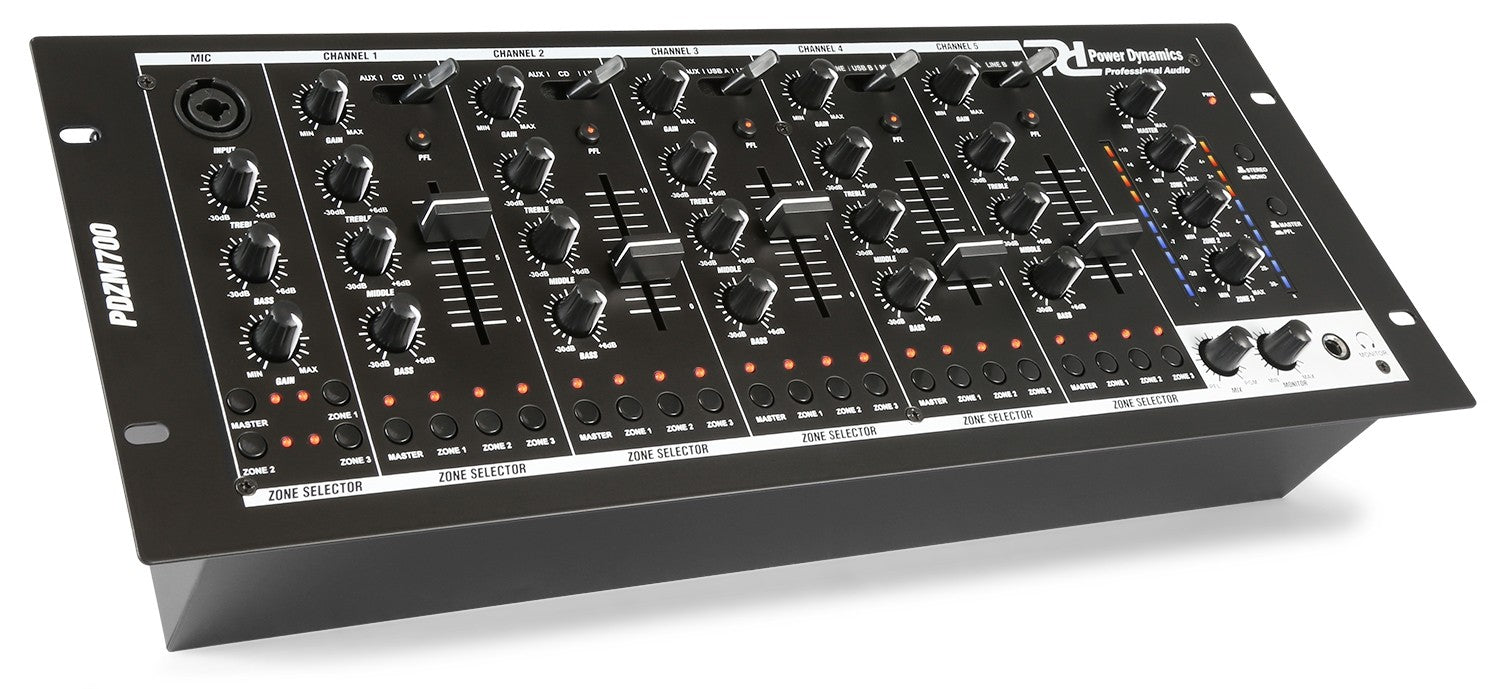 Power Dynamics PDZM700 - Mezclador instalación de 6 canales USB 4 zonas - Tempo Shop