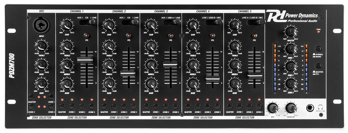 Power Dynamics PDZM700 - Mezclador instalación de 6 canales USB 4 zonas - Tempo Shop