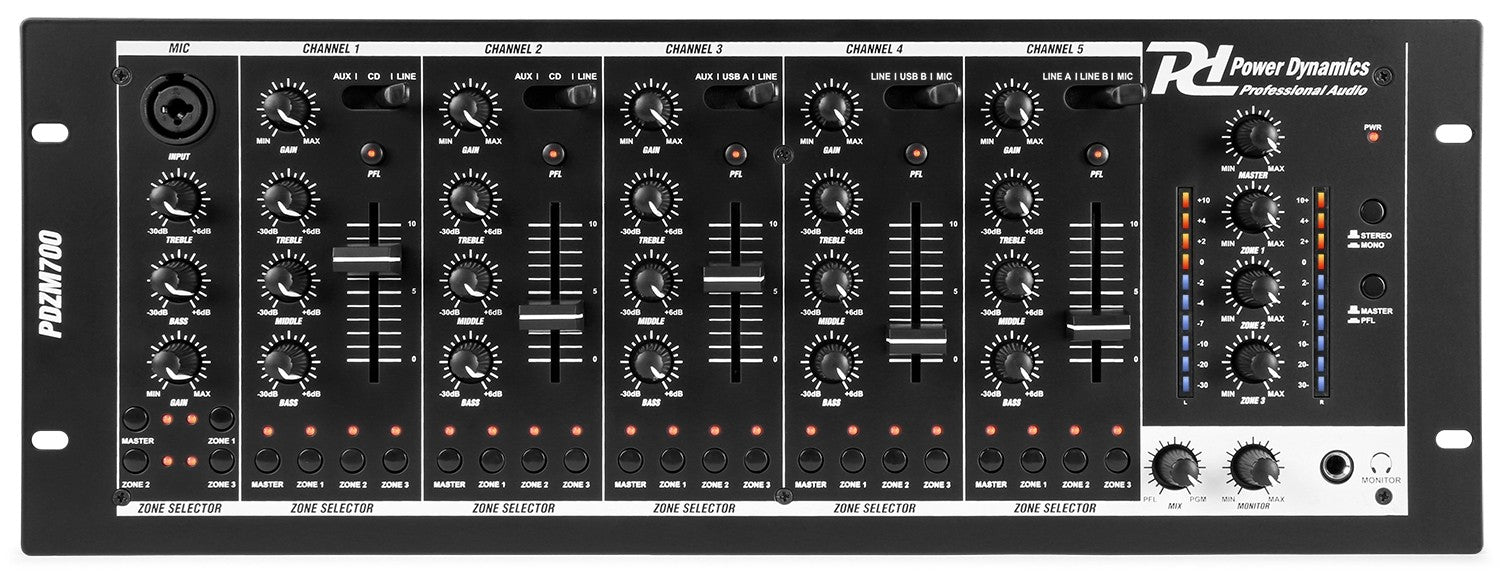 Power Dynamics PDZM700 - Mezclador instalación de 6 canales USB 4 zonas - Tempo Shop