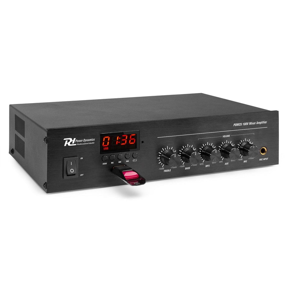 Power Dynamics PDM25 - Mezclador – Amplificador 100V con BT y reproductor media 25W - Tempo Shop