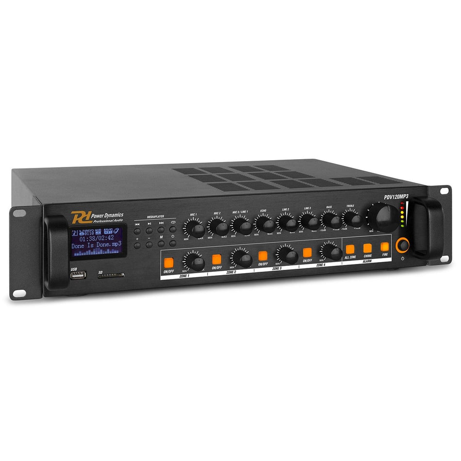 Power Dynamics PDV120MP3 - PA Mixer Amplifier 120W/100V 4 zones - Tempo Shop