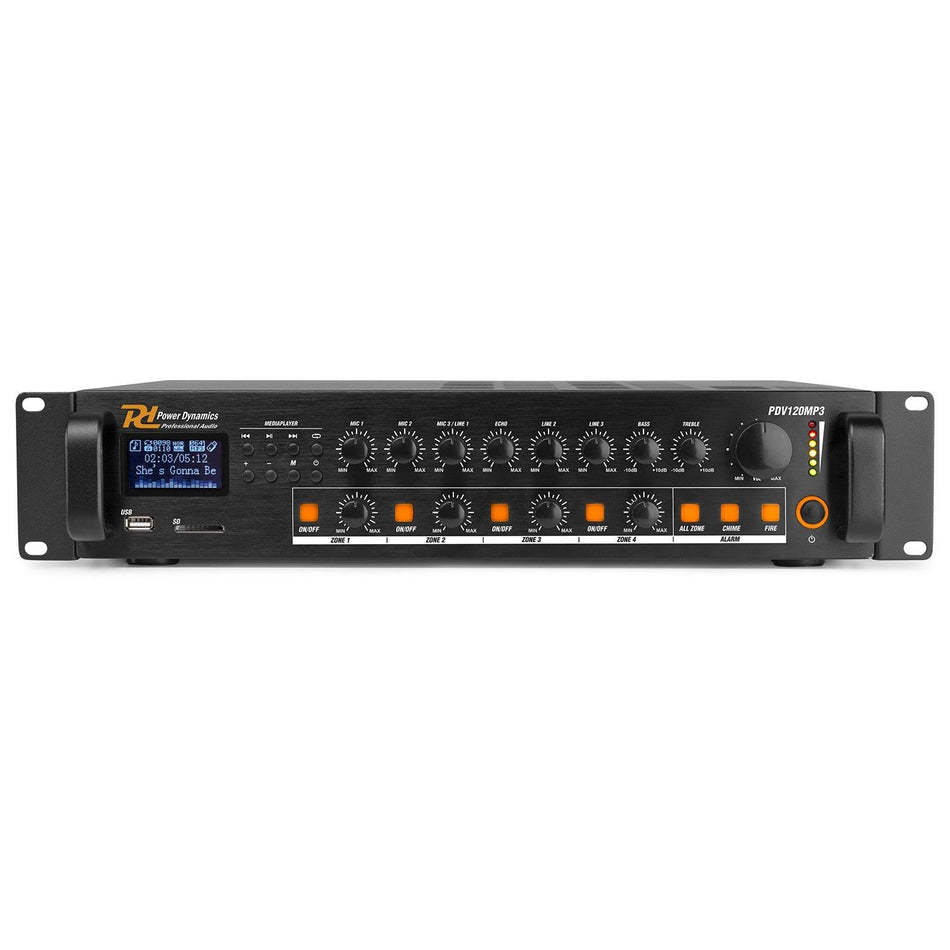 Power Dynamics PDV120MP3 - PA Mixer Amplifier 120W/100V 4 zones - Tempo Shop
