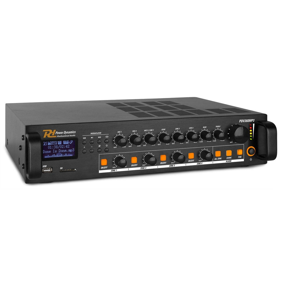 Power Dynamics PDV360MP3 - PA Mixer Amplifier 360W/100V 4 zones - Tempo Shop