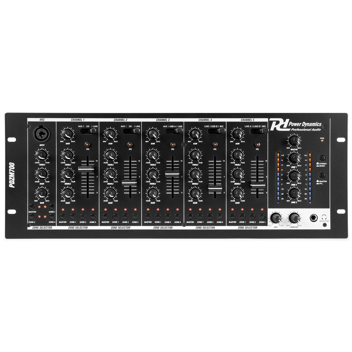 Power Dynamics PDZM700 - Mezclador instalación de 6 canales USB 4 zonas - Tempo Shop