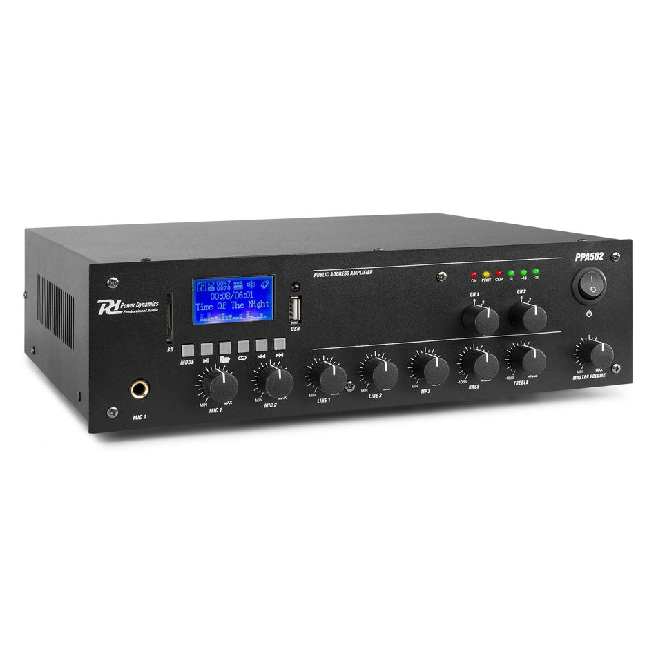 Power Dynamics PPA502 - Mezclador amplificador 100V - 50W 2 Zonas - Tempo Shop
