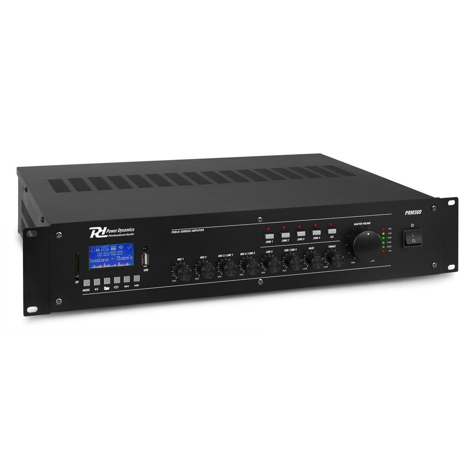 Power Dynamics PRM360 - Mezclador amplificador 100V 6 canales 4 - Zonas 360W - Tempo Shop