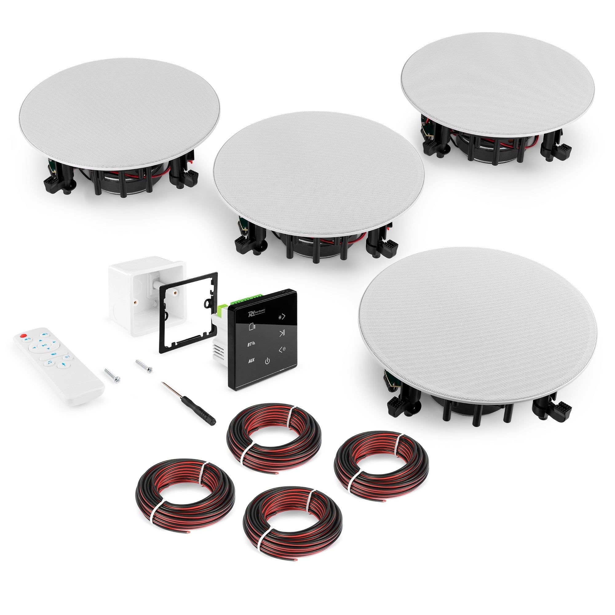 Power Dynamics Powerline A100BSet - Conjunto amplificador para empotrar en pared con 4 altavoces de techo - Tempo Shop