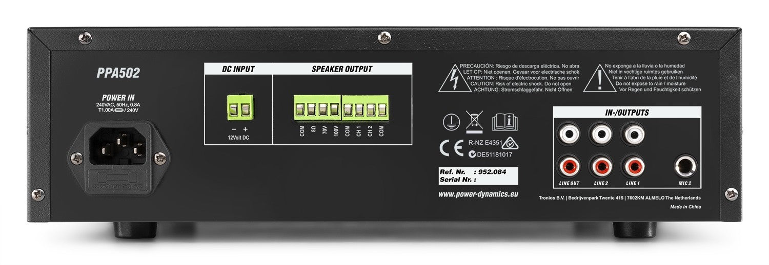 Power Dynamics PPA502 - Mezclador amplificador 100V - 50W 2 Zonas - Tempo Shop