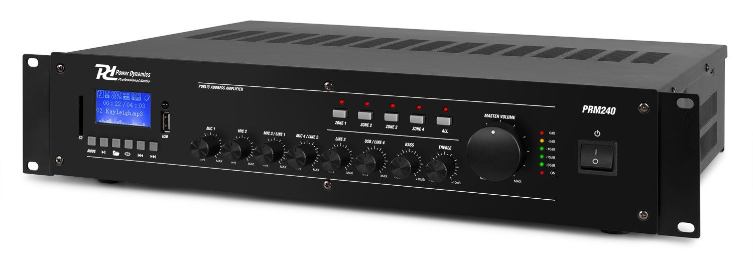 Power Dynamics PRM240 - Mezclador amplificador 100V 6 canales 4 - Zonas 240W - Tempo Shop