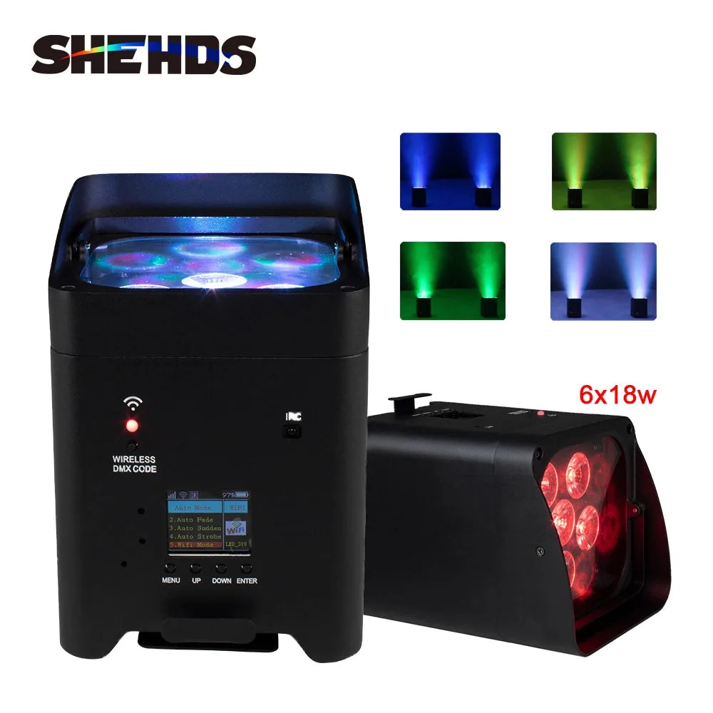 SHEHDS RCBaP0618F – Foco PAR LED a Batería 6×18W RGBAW+UV con Control Inalámbrico y WiFi - Tempo Shop