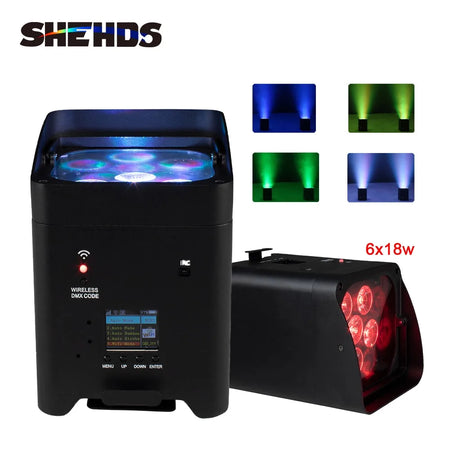 SHEHDS RCBaP0618F – Foco PAR LED a Batería 6×18W RGBAW+UV con Control Inalámbrico y WiFi - Tempo Shop