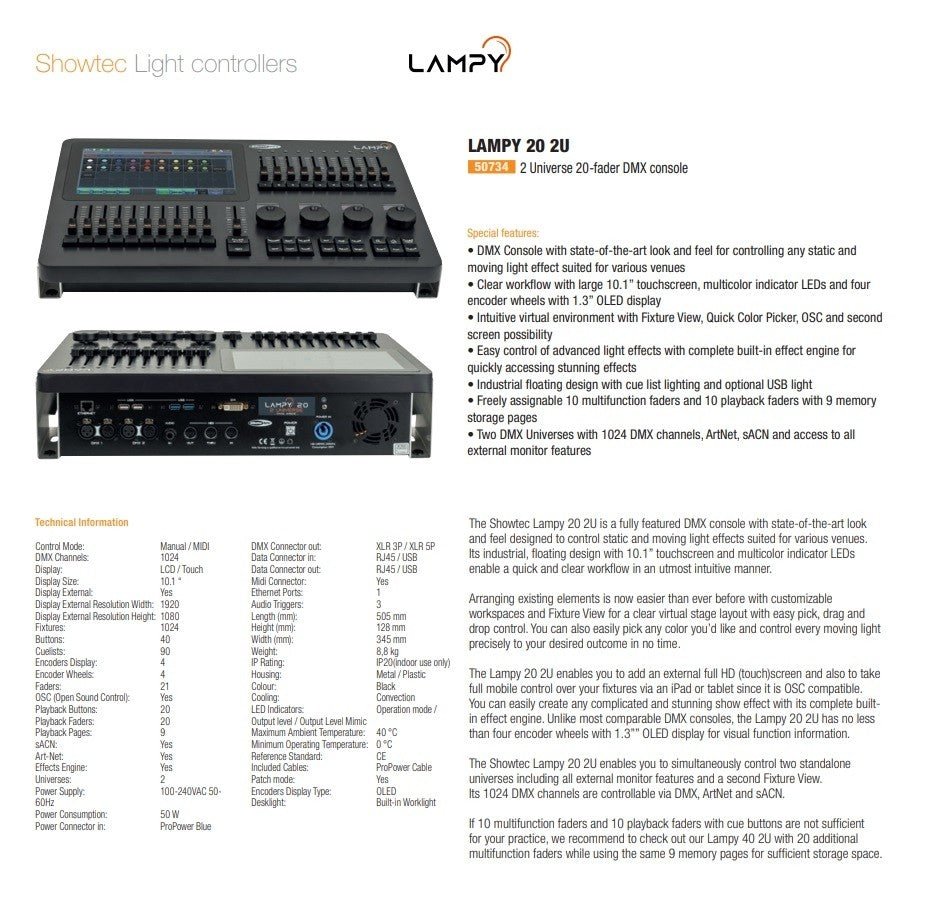 Showtec LAMPY 20 2U - Consola DMX con 20 faders y 2 Universos - Tempo Shop