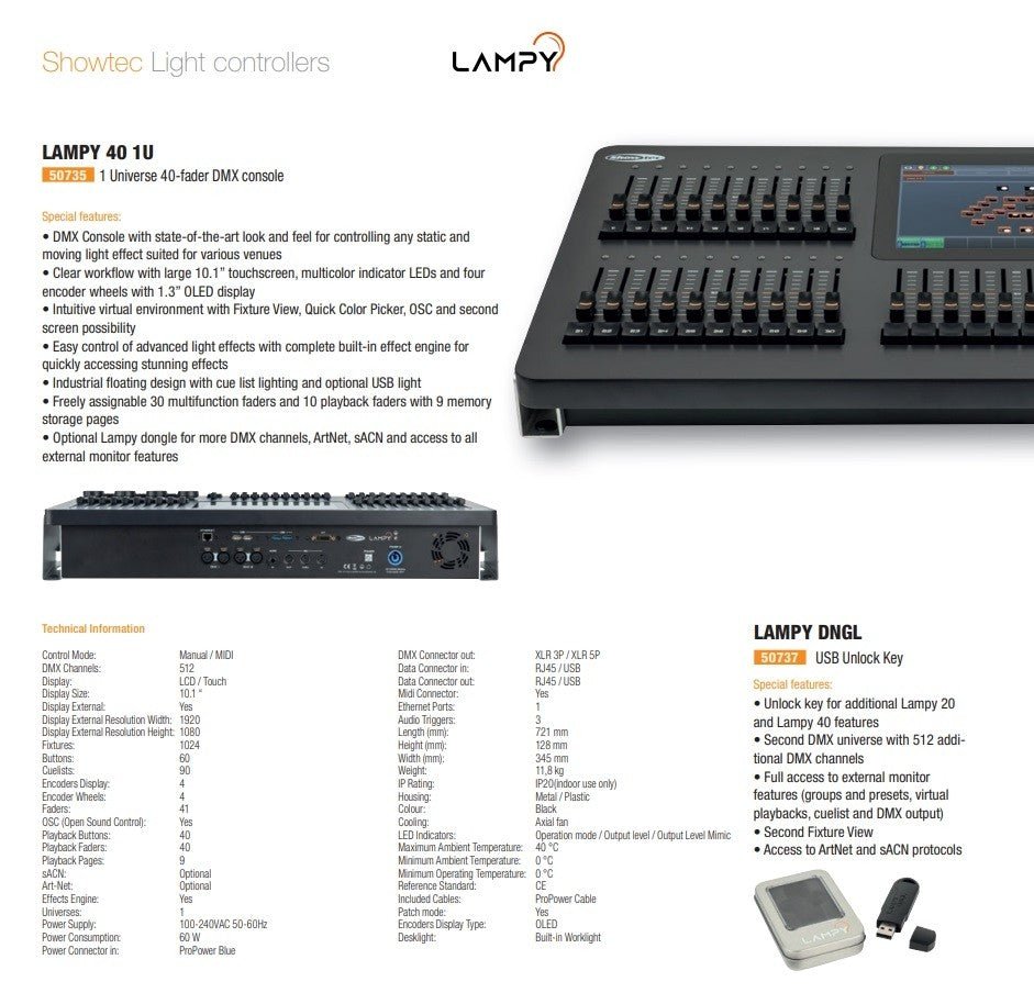 Showtec LAMPY 40 1U - Consola DMX con 40 faders y 1 Universo - Tempo Shop