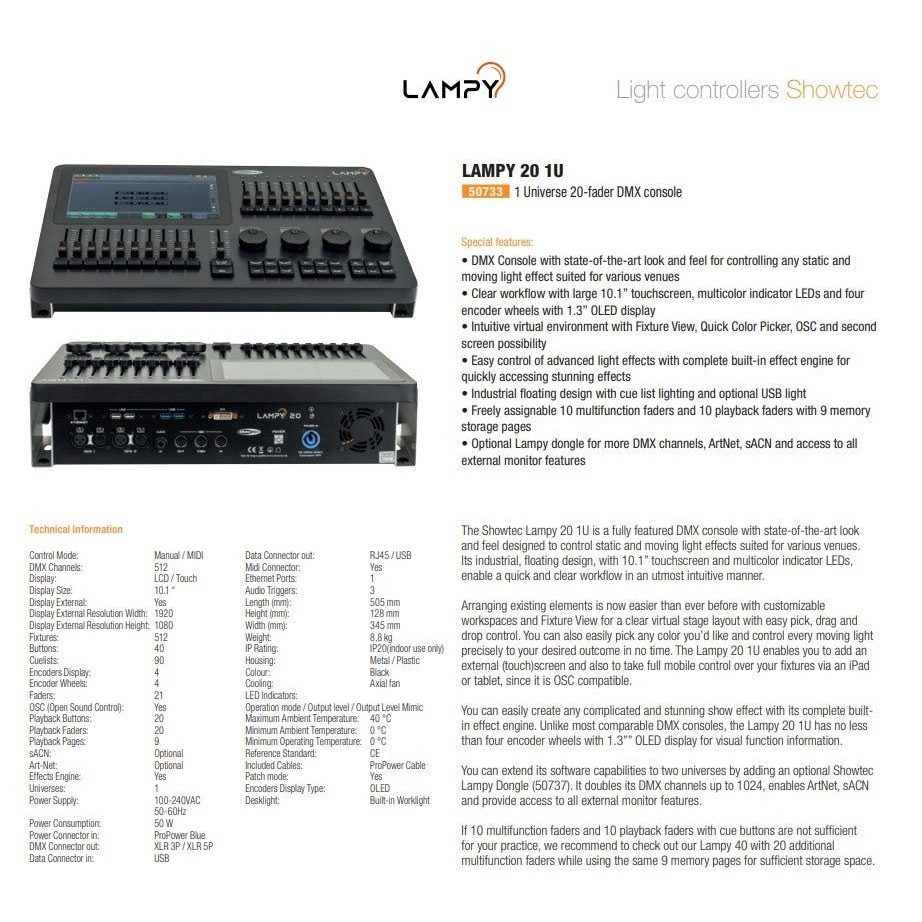 Showtec LAMPY 20 1U - Consola DMX con 20 faders y 1 Universo - Tempo Shop