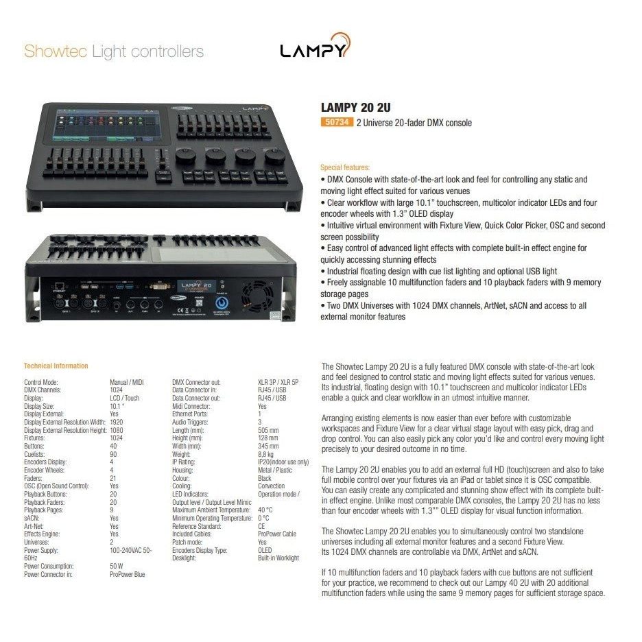 Showtec LAMPY 20 2U - Consola DMX con 20 faders y 2 Universos - Tempo Shop