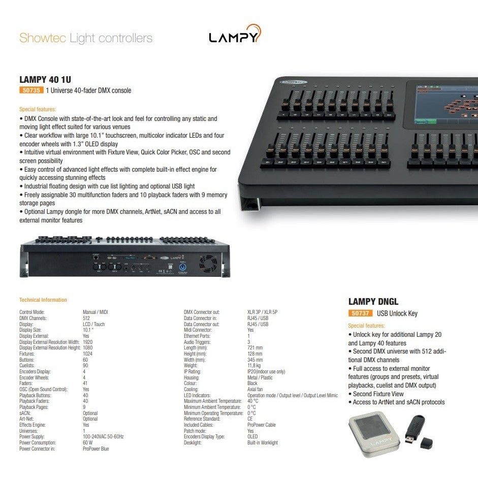 Showtec LAMPY 40 1U - Consola DMX con 40 faders y 1 Universo - Tempo Shop