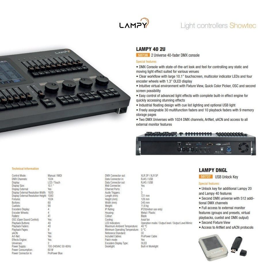 Showtec LAMPY 40 2U - Consola DMX con 40 faders y 2 Universos - Tempo Shop