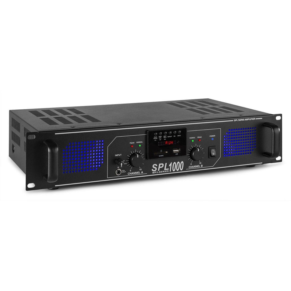 Skytec SPL 1000MP3 - Amplificador con LEDs azules + EQ Negro - Tempo Shop