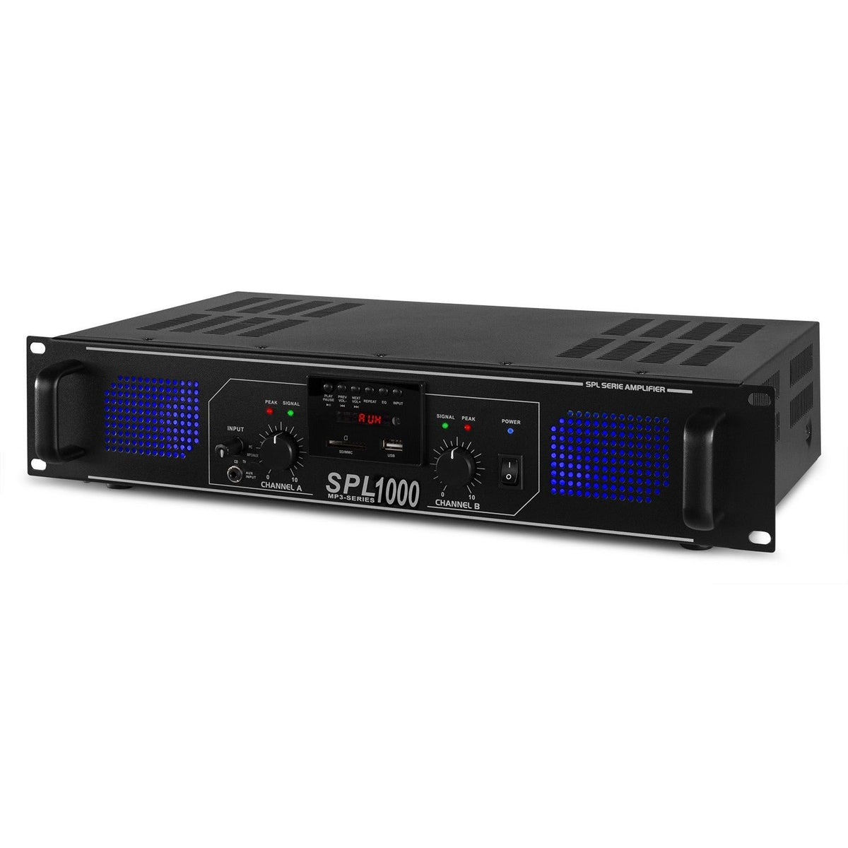 Skytec SPL 1000MP3 - Amplificador con LEDs azules + EQ Negro - Tempo Shop