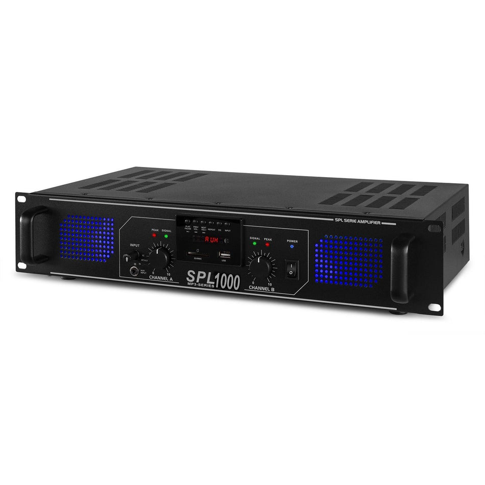 Skytec SPL 1000MP3 - Amplificador con LEDs azules + EQ Negro - Tempo Shop
