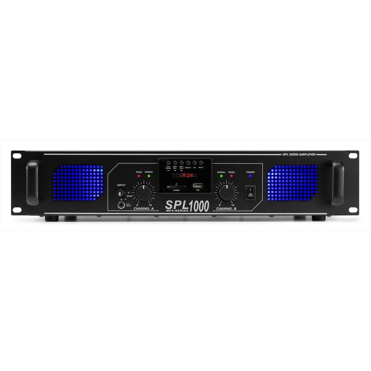 Skytec SPL 1000MP3 - Amplificador con LEDs azules + EQ Negro - Tempo Shop