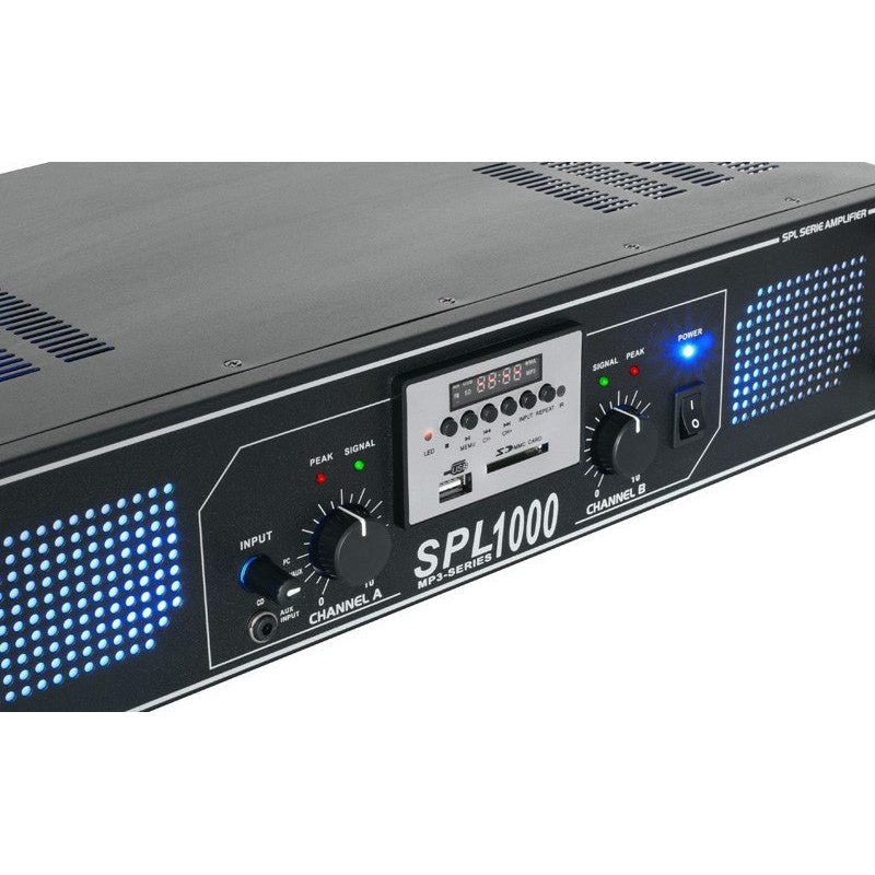 Skytec SPL 1000MP3 - Amplificador con LEDs azules + EQ Negro - Tempo Shop