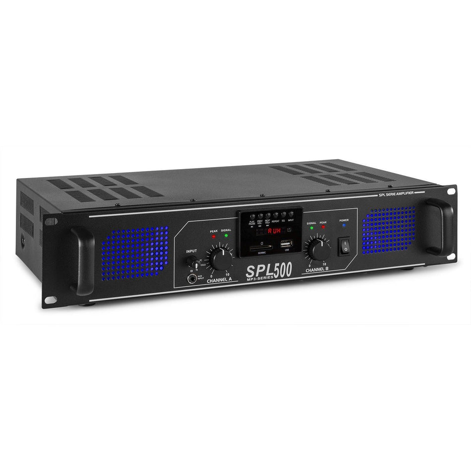 Skytec SPL 500MP3 - Amplificador con LEDs azules + EQ Negro - Tempo Shop