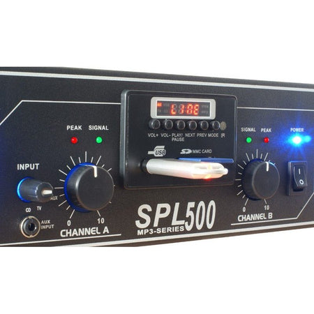Skytec SPL 500MP3 - Amplificador con LEDs azules + EQ Negro - Tempo Shop