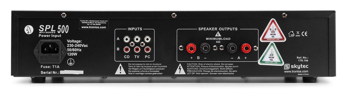 Skytec SPL 500MP3 - Amplificador con LEDs azules + EQ Negro - Tempo Shop