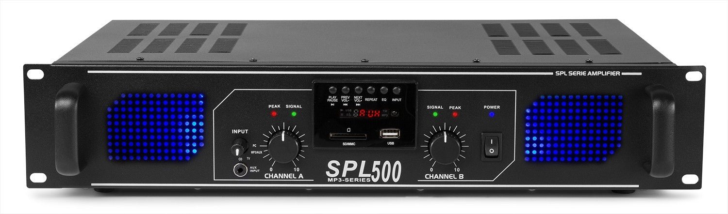 Skytec SPL 500MP3 - Amplificador con LEDs azules + EQ Negro - Tempo Shop